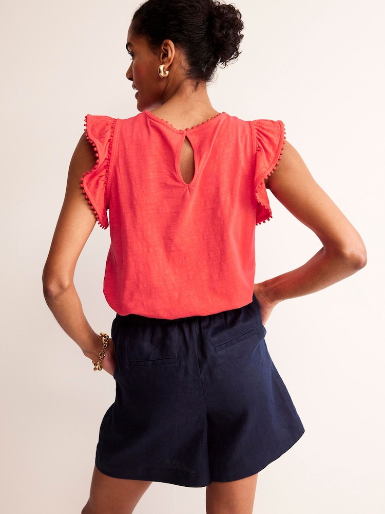 Boden Red Pom Trim Ruffle Sleeve Top - Image 2 of 4