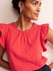 Boden Red Pom Trim Ruffle Sleeve Top - Image 3 of 4
