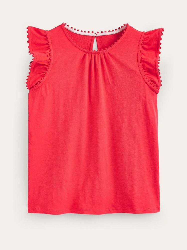 Boden Red Pom Trim Ruffle Sleeve Top - Image 4 of 4