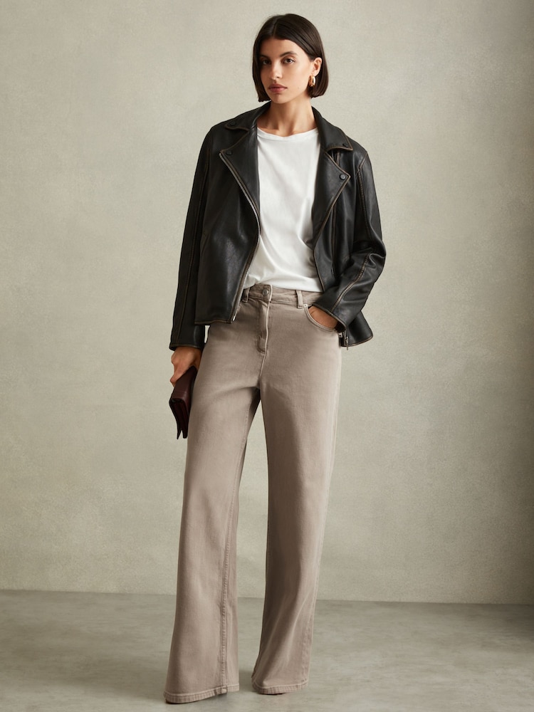Reiss Neutral Layla Petite Relaxed Garment Dyed Wide Leg Jeans - Image 1 of 7