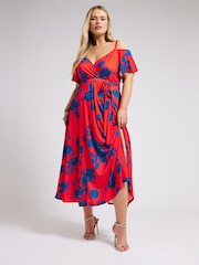 Yours Curve Red & Blue London Floral Bardot Maxi Dress - Image 1 of 5