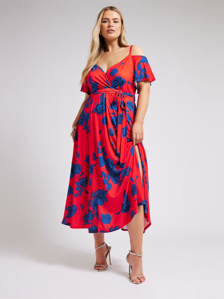 Yours Curve Red & Blue London Floral Bardot Maxi Dress - Image 1 of 5