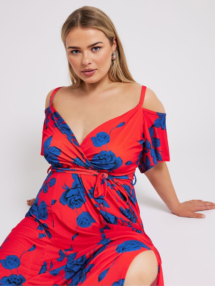 Yours Curve Red & Blue London Floral Bardot Maxi Dress - Image 2 of 5