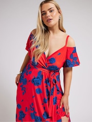 Yours Curve Red & Blue London Floral Bardot Maxi Dress - Image 4 of 5