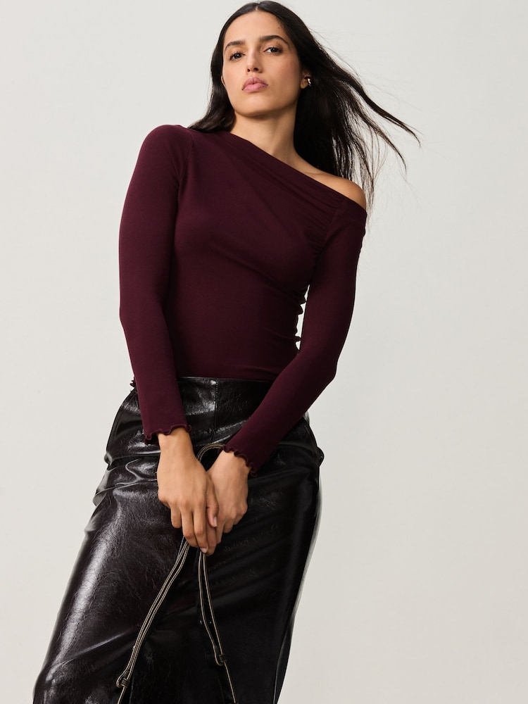 Burgundy Red Long Sleeve Asymmetric Gathered Top - Image 1 of 8