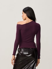 Burgundy Red Long Sleeve Asymmetric Gathered Top - Image 3 of 8