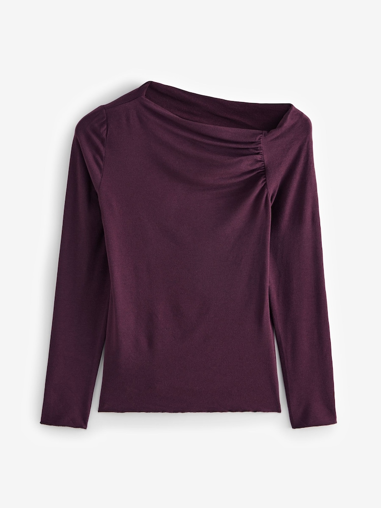 Burgundy Red Long Sleeve Asymmetric Gathered Top - Image 6 of 8