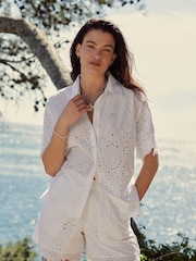 White Coord Broderie Short Sleeve 100% Cotton Shirt - Image 1 of 11