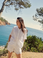 White Coord Broderie Short Sleeve 100% Cotton Shirt - Image 5 of 11