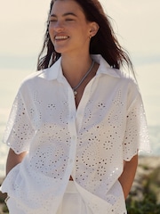 White Coord Broderie Short Sleeve 100% Cotton Shirt - Image 6 of 11
