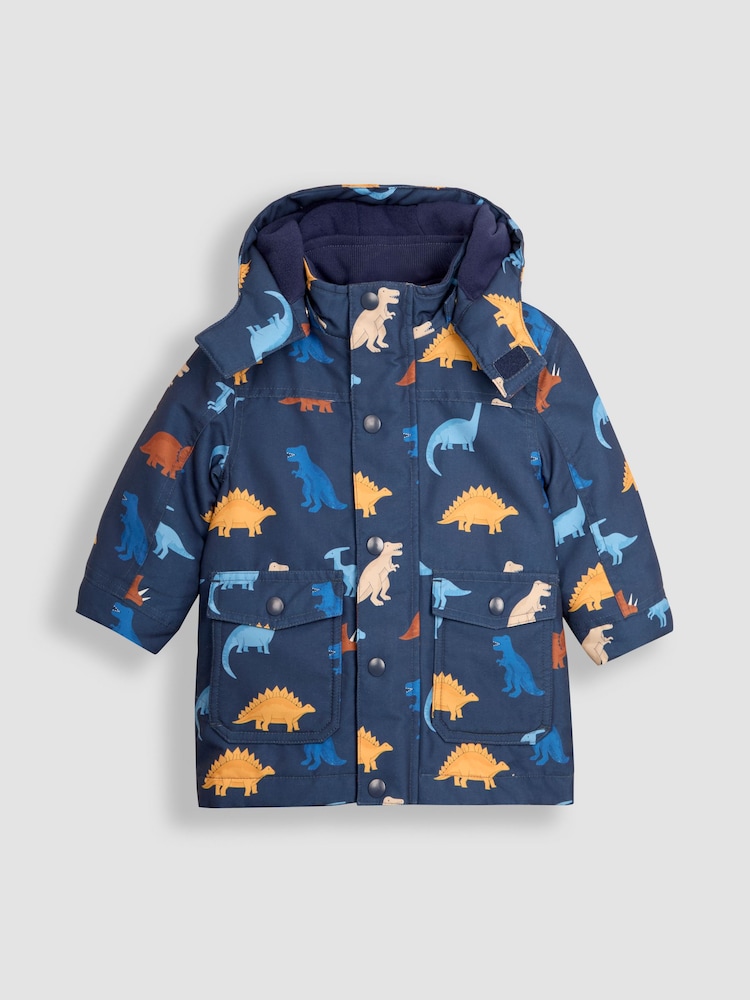 JoJo Maman Bébé Navy Blue Dinosaur Detachable Hood Print Parka - Image 1 of 5