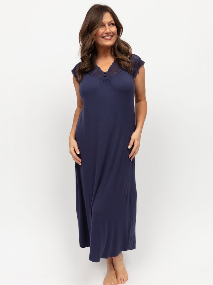 Nora Rose Blue Jersey Cap Sleeve Long Nightdress - Image 2 of 4