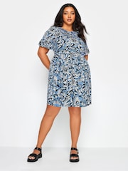 Yours Curve Blue Floral Print Smock Dress - Image 1 of 5
