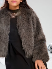 Lipsy Grey Faux Fur Coat (5-16yrs) - Image 3 of 4