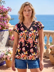 Roman Black Lace Floral Trim V-Neck Top - Image 1 of 4