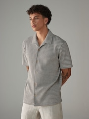 Neutral Brown Stripe Cuban Collar Textured Jersey Short Sleeve Shirt - Image 1 of 7