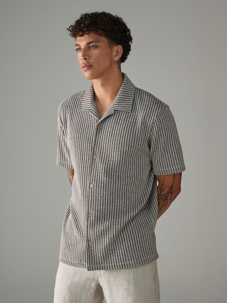 Neutral Brown Stripe Cuban Collar Textured Jersey Short Sleeve Shirt - Image 1 of 7