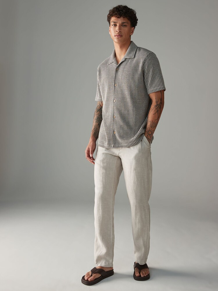 Neutral Brown Stripe Cuban Collar Textured Jersey Short Sleeve Shirt - Image 2 of 7 Neutral Brown Stripe Cuban Collar Textured Jersey Short Sleeve Shirt - Image 2 of 7