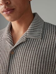 Neutral Brown Stripe Cuban Collar Textured Jersey Short Sleeve Shirt - Image 5 of 7