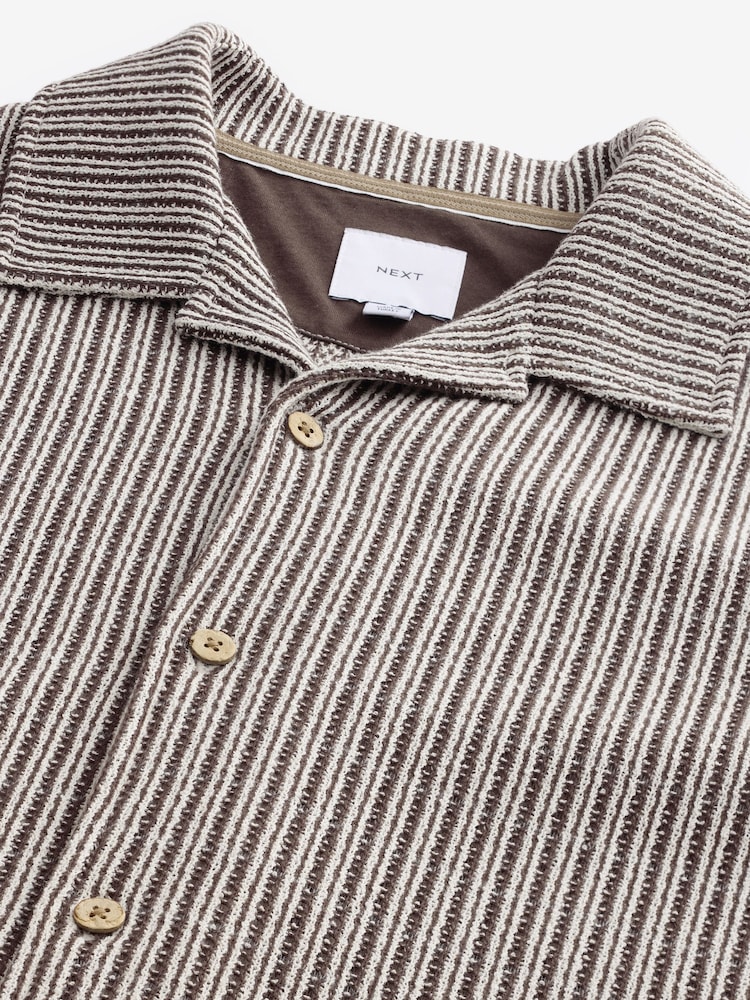 Neutral Brown Stripe Cuban Collar Textured Jersey Short Sleeve Shirt - Image 7 of 7