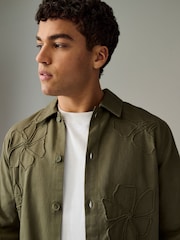 Khaki Green Floral Embroidered Shacket 100% Cotton Overshirt - Image 1 of 7