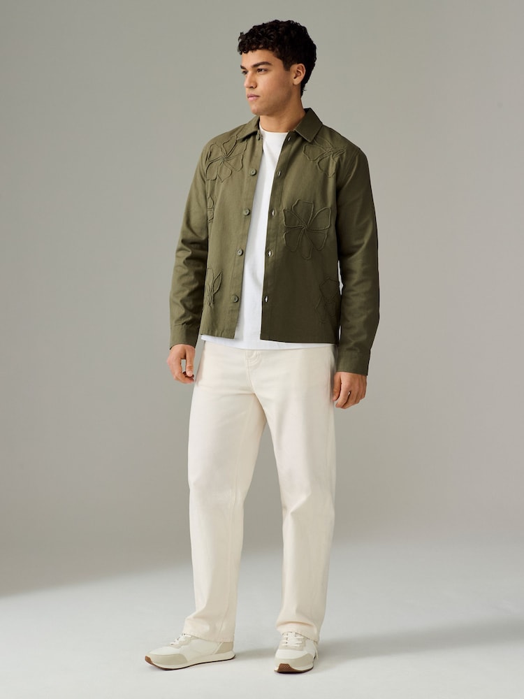 Khaki Green Floral Embroidered Shacket 100% Cotton Overshirt - Image 2 of 7