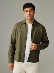 Khaki Green Floral Embroidered Shacket 100% Cotton Overshirt - Image 3 of 7
