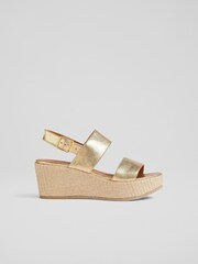 LK Bennett Gold Adriana Leather Raffia Wedges - Image 1 of 2