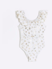 River Island Cream Girls Frill Foiled Swimsuit - Image 1 of 3