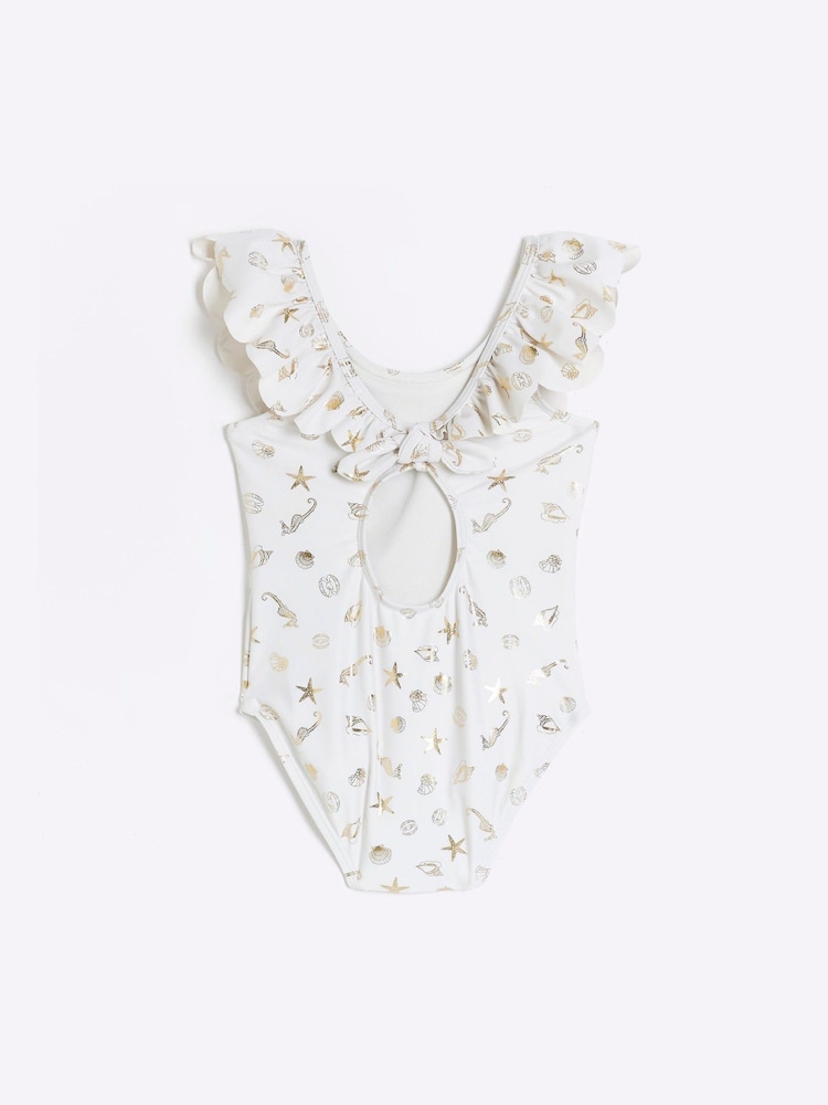 River Island Cream Girls Frill Foiled Swimsuit - Image 2 of 3