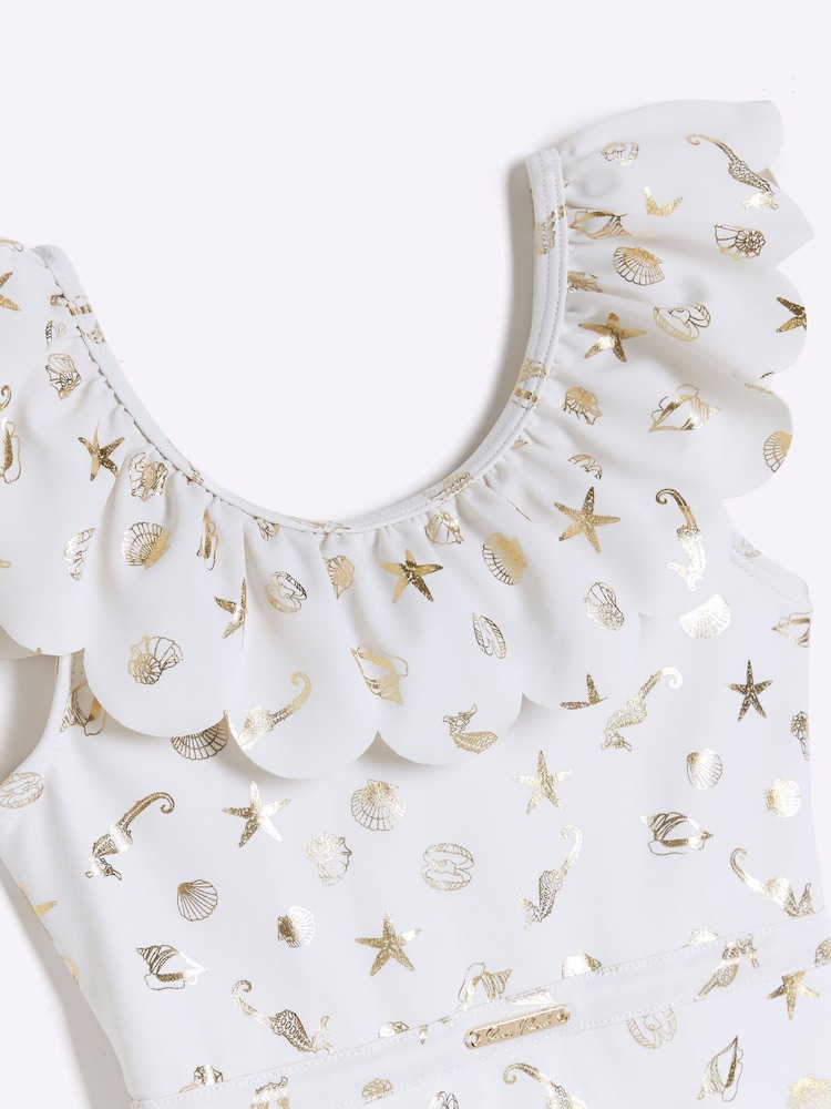 River Island Cream Girls Frill Foiled Swimsuit - Image 3 of 3