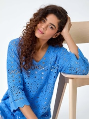 Roman Blue Crochet Tunic 100% Cotton Top - Image 1 of 5