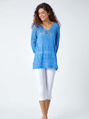 Roman Blue Crochet Tunic 100% Cotton Top - Image 2 of 5
