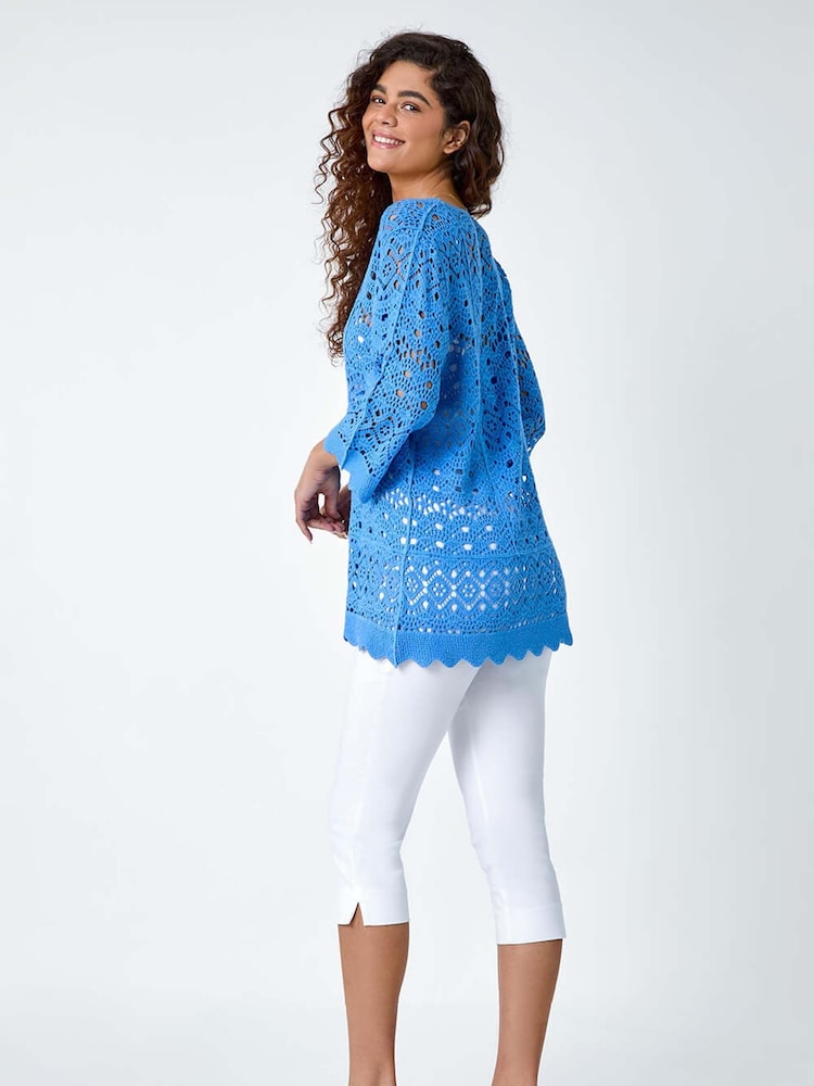 Roman Blue Crochet Tunic 100% Cotton Top - Image 3 of 5