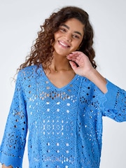 Roman Blue Crochet Tunic 100% Cotton Top - Image 4 of 5