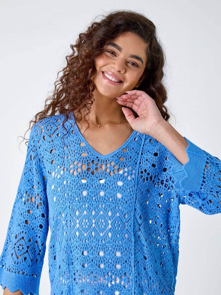 Roman Blue Crochet Tunic 100% Cotton Top - Image 4 of 5