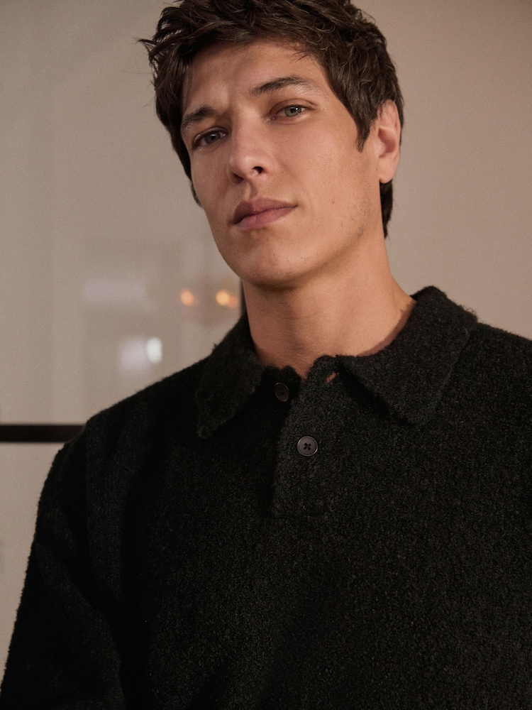 Black Relaxed Fit Bouclé Texture Polo Neck Jumper - Image 1 of 7
