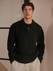 Black Relaxed Fit Bouclé Texture Polo Neck Jumper - Image 2 of 7
