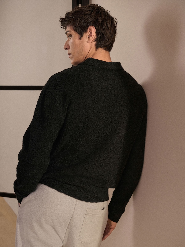 Black Relaxed Fit Bouclé Texture Polo Neck Jumper - Image 3 of 7