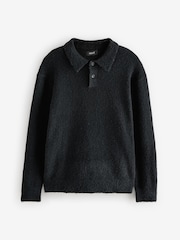 Black Relaxed Fit Bouclé Texture Polo Neck Jumper - Image 5 of 7