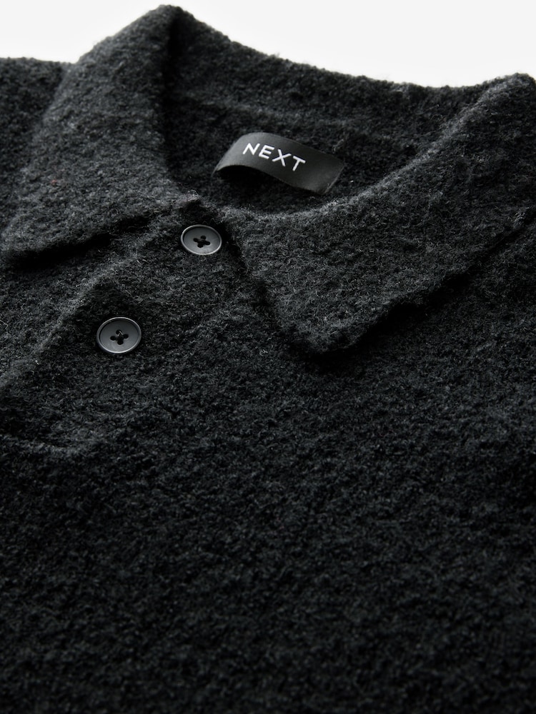 Black Relaxed Fit Bouclé Texture Polo Neck Jumper - Image 6 of 7