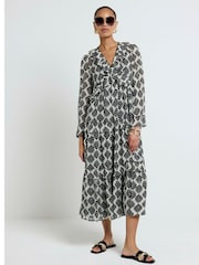 River Island Black 100% Cotton Frill Front Maxi Dress - Image 1 of 4