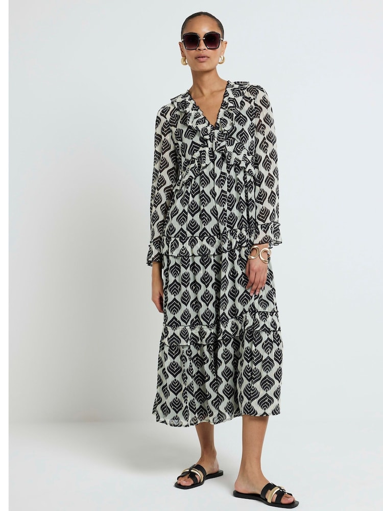 River Island Black 100% Cotton Frill Front Maxi Dress - Image 1 of 4 River Island Black 100% Cotton Frill Front Maxi Dress - Image 1 of 4