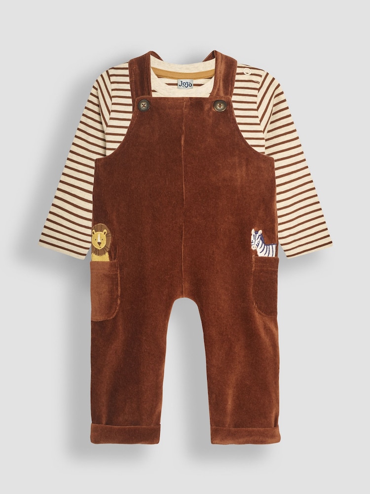 JoJo Maman Bébé Toffee Safari Friends Applique Velour Dungarees & Top Set - Image 1 of 6 JoJo Maman Bébé Toffee Safari Friends Applique Velour Dungarees & Top Set - Image 1 of 6