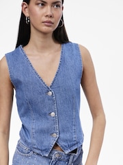 PIECES Blue Denim Button Waistcoat - Image 1 of 6
