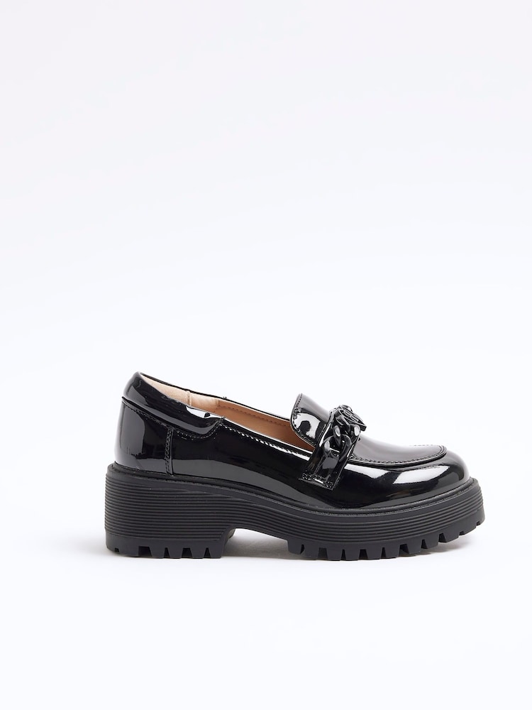 River Island Black Girls Patent Drench Chain Loafers - Image 1 of 4 River Island Black Girls Patent Drench Chain Loafers - Image 1 of 4