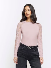 River Island Pink Lace Sleeve Detail  Long Sleeve Top - Image 1 of 4