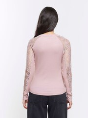 River Island Pink Lace Sleeve Detail  Long Sleeve Top - Image 2 of 4