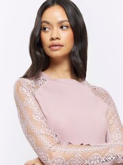 River Island Pink Lace Sleeve Detail  Long Sleeve Top - Image 3 of 4