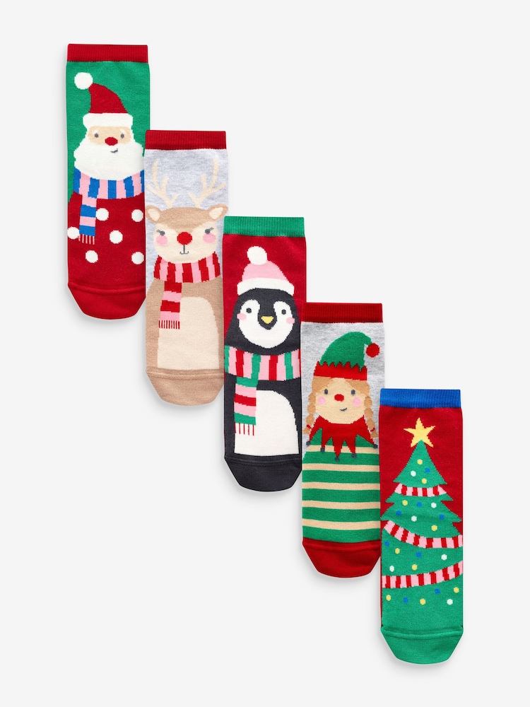 Red/Green Cotton Rich Christmas Character Ankle Socks 5 Pack - Image 1 of 6